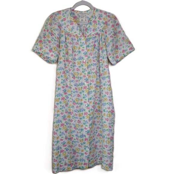 Vtg Miss Elaine Floral Quilted Cotton Blend Snap Front Midi Robe M Cottagecore - Picture 1 of 7
